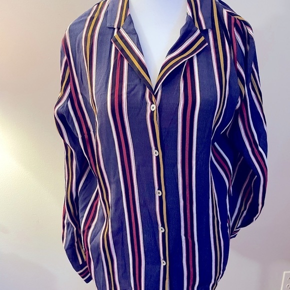 NWT Serein Large Navy Striped Blouse Button Front - Picture 3 of 7